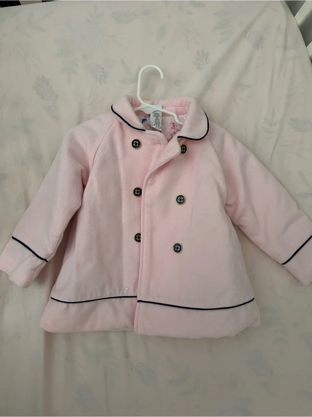 Little Me Pale Pink Double-Breasted Pea Coat with Navy Trim